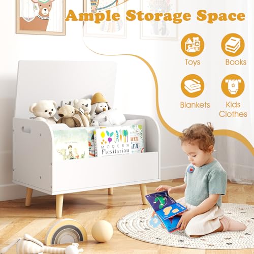 Costzon Kids Wooden Toy Box w/Front Bookshelf, Toy Storage Organizer w/ 4 Solid Wood Legs, Flip-top Lid, Safety Hinge & Cut-Out Handle, Toy Chest for Kids Room, Playroom, Nursery & Classroom - color: White, style: With legs