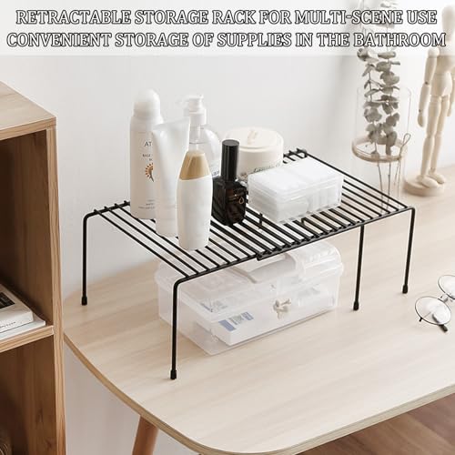Expandable Cabinet Organizer for Kitchen Cupboard Under Sink Countertop Bathroom Bedroom Office Table Desk Counter Storage Organization Rack Saver Stackable Saving iron Frame Rust Resistant (White)