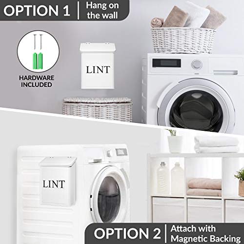 Calindiana Modern Farmhouse Metal Magnetic Lint Bin for Laundry Room Decor and Accessories with Lid and Laundry Room Organization and Storage Wall Mount Space Saving Washer and Dryer Trash Can, White - color: WHITE