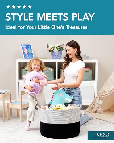 XXXXL WASHABLE 125L Extra Large Durable Soft Blanket Basket, Woven Decorative Cotton Rope Basket with Handles for Laundry, Living Room, Baby Toy Nursery Storage Organization Bin 24" x 17" (Black/Grey) - color: Black & Grey, size: Jumbo