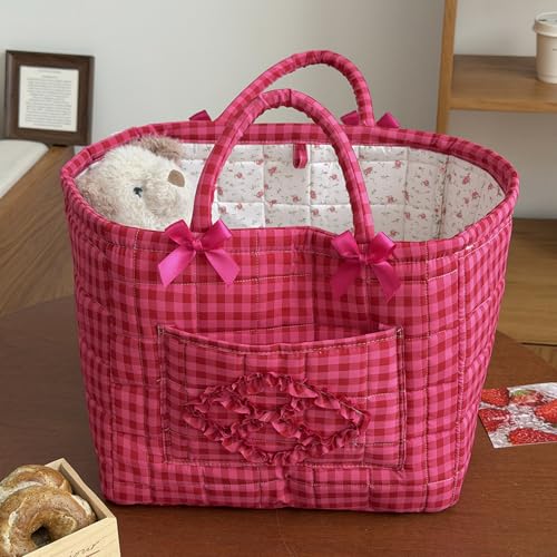 Quilted Fabric Basket Car Storage Basket Boho Floral Laundry Hamper for Nursery Bedroom & Living Room | Organize Clothes Toys (Hot Pink Gingham Check) - color: Hot Pink Gingham Check