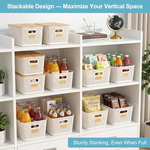 Bagnizer 2 Pack Tall Plastic Storage Bins with Bamboo Lids, 10.8qt Stackable Storages Baskets for Organizing Desktop Closet Playroom Classroom Office, 12"L x 8.3"W x 6.1"H, Cream White - color: Cream White, size: Tall- 2 Pack