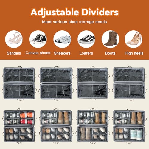 2 Pack Shoe Organizer for Closet, Foldable Shoe Storage Organizer with Adjustable Dividers and Clear Cover, Stackable Fabric Closet Shoe Organizer Storage Box Fits 16 Pairs, Gray - color: Gray-2 Pack, size: 17"L x 8.7"W x 12 ½"H