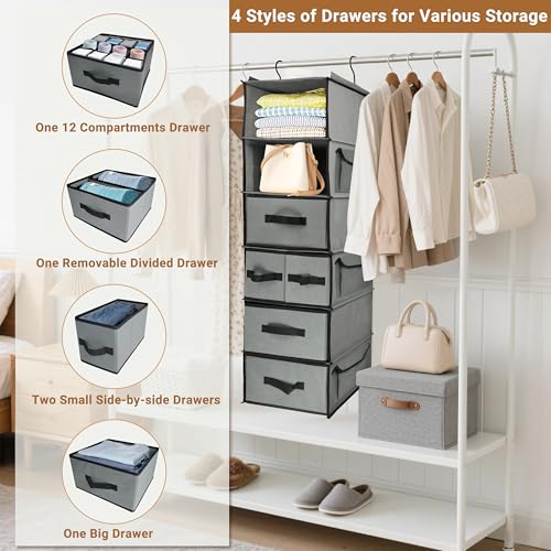 Durable 6-Tier hanging closet organizer with 5 Drawers & 3 Side Pocket,Thickened Fabric Hanging Shelves Holder with Sturdy Hook,Space-saving Storage Organization for Bedroom,Dorm,Guestroom,RV,Bathroom - style: Inseparable-6 Tier