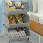 3 Pack Plastic Stacking Organizer Basket, Open Front Large Stackable Storage Bins, Gray