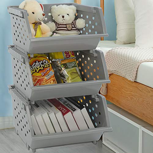 3 Pack Plastic Stacking Organizer Basket, Open Front Large Stackable Storage Bins, Gray