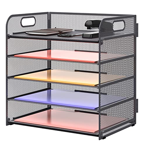 Supeasy 5 Trays Paper Organizer Letter Tray with Handle-Mesh Desk File Organizer, Grey Paper Sorter Desk Organizer for Office, Home or School - color: Softgray