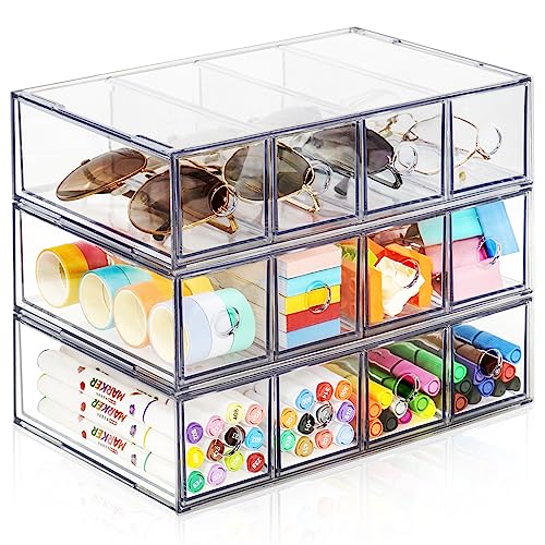 Desk Organizer with 12 Drawers, FODIENS 3 Packs Stackable Desktop Storage Box with Removable Drawer, Clear Sunglasses Organizer Display Case for Stationery Marker Pens Eyeglasses Office Supply - style: 3 Layers -12 Drawers