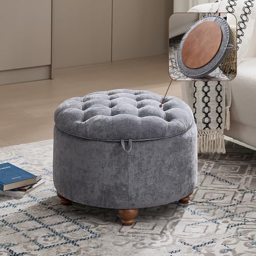 WUTUTUEE 24Inch Round Storage Ottoman with Tray, Modern Tufted Circle Coffee Table with Storage, Upholstered Ottoman with Removable Top for Living Room, Bedroom, Chenille Blue - color: Chenille Blue, size: 24 Inch