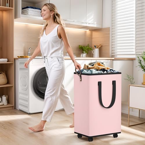 SpaceTrove Laundry Basket with Wheels, Collapsible Laundry Baskets, Laundry Hamper with Handles Detachable Wheels, Rolling Laundry Basket, Dirty Clothes Hamper for Bathroom, Dorm, Bedroom, Pink, 80L - color: Pink, size: 80L