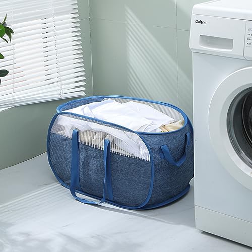 MOOMASS Pop-Up Laundry Basket，collapsible Mesh Laundry Hamper– With Extended Shoulder Straps, Sturdy Handles, and Premium Cationic Fabric (blue)… - color: blue