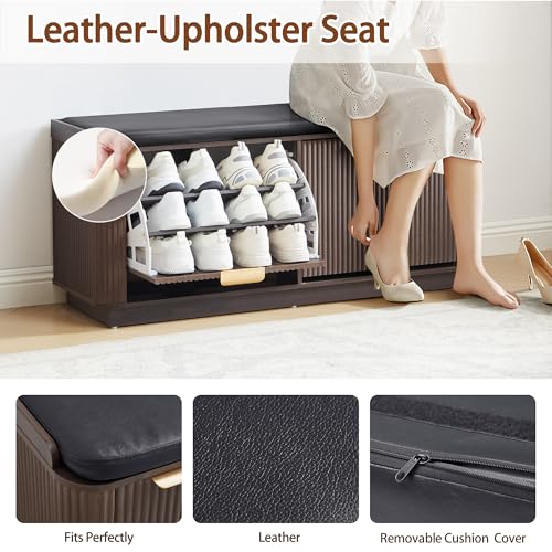 Fluted 3-Tier Entryway Shoe Bench with Drawers and Adjustable Shelves, 43.3'' Wide Shoe Storage Bench with Cushion Seat for Entrance, Hallway, Living Room, End of Bed - Espresso - size: Drawer-espresso