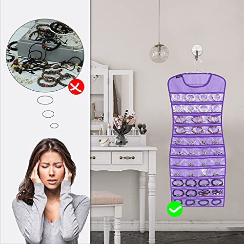 Hanging Jewelry Organizer Dual Sided 84 Clear Pockets and 6 Hook Loops Storage for Holding Jewelries Hair Accessories Dress Shaped Earring Holder (84 Pockets and 6 Hook Loops -Purple) - color: 84 Pockets and 6 Hook Loops -Purple