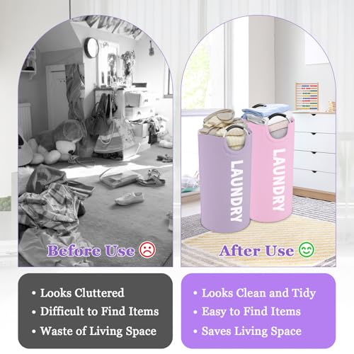 2Pcs 95L Purple + Pink Laundry Basket, Folding Laundry Hampers for Women with Soft Handles, Freestanding Dirty Clothes Basket, Sturdy Oxford Fabric Clothes Hampers for Travel, Dormitory - color: Purple + Pink, size: L-95L