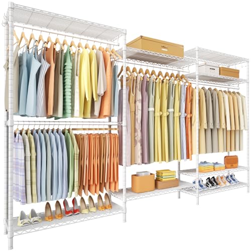 Ulif E13 Max Heavy Duty Clothes Rack（With 4 Hanger Rods & 8 Shelves） Freestanding Clothing Racks for Hanging Clothes，Adjustable Closet，Metal Garment Rack 86" W x16 D x77 H，Max Load 1100LBS，White - color: White, size: E13 Max