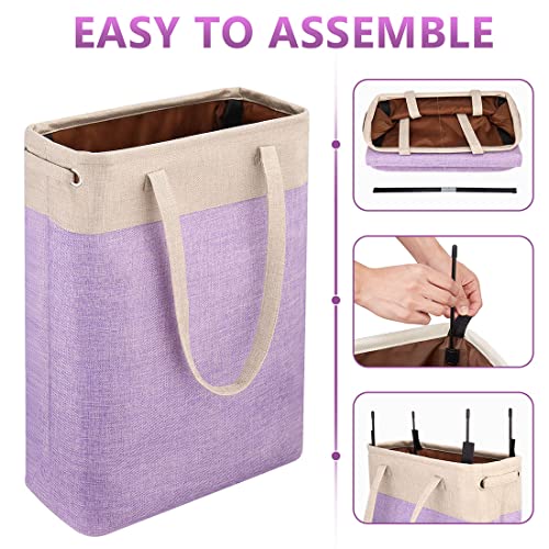 i BKGOO Laundry Basket with Handles Beige&Purple Slim Laundry Bin Collapsible Dirty Clothes Basket Narrow Laundry Bag Foldable Dirty Hamper for Camping, Dorms, Apartments - color: Beige&Purple