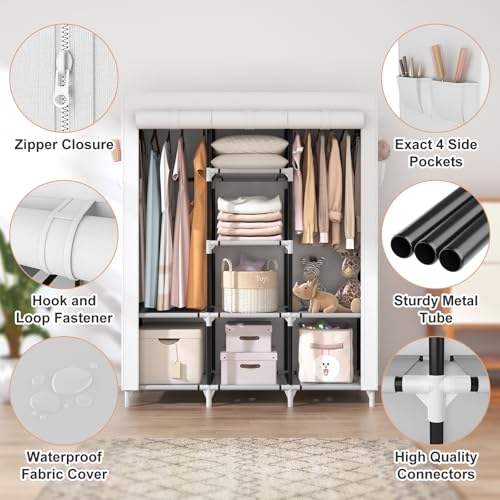 VTRIN Portable Closet Wardrobe for Hanging Clothes with 2 Hanging Rods and 8 Storage Organizer Shelves,Sturdy Large Wardrobe Closet for Bedroom Free Standing Clothes Rack with Cover,White - color: White, size: 3 Row - 49'' Wide