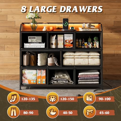 WLIVE Dresser TV Stand with Power Outlets, Led Dresser for Bedroom, Fabric Chest of Drawers with Double Open Shelves, Wood Top, Steel Frame, 6 Drawer Dressers for Closet, Living Room, Dark Grey - color: Dark Grey, style: 8 Drawers with LED