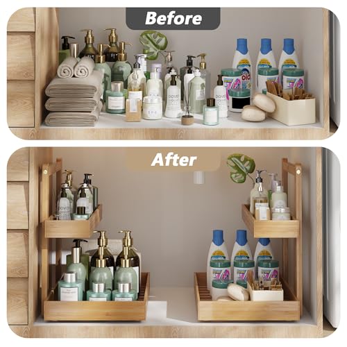 Bamboo Under Sink Organizer and Storage, 2 Tier Pull Out Cabinet Organizer, Slide Out Under Sink Storage Shelf, Undersink Organizers Shelves for Kitchen Bathroom Organization (Nature, 1 Pack)
