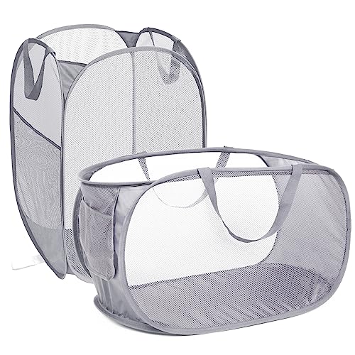 2 Pcs Durable Collapsible Laundry Baskets - Reinforced Mesh Pop Up Laundry Hamper with Pocket, Foldable Dirty Clothes Hamper with Carry Handles for Laundry, Bathroom, Kids Room, Dorm or Travel Grey - color: Gray, size: Pop Horizontal+Vertical