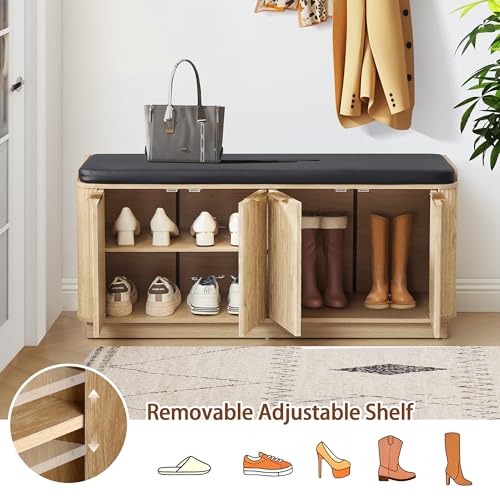 Fluted 2-Tier Entryway Shoe Bench with Doors and Adjustable Shelf, 43.3'' Wide Shoe Storage Bench with Cushion Seat for Entrance, Hallway, Living Room, End of Bed - Natural - size: Door-natural