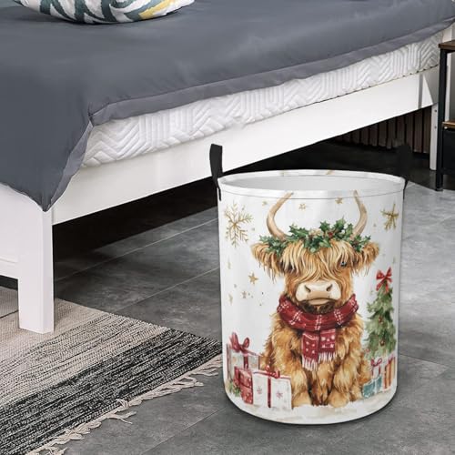 Christmas Highland Cow Laundry Basket Cute Animal Foldable Laundry Hamper with Handles Clothes Storage Bin for Household Bedroom Bathroom Dorms 17.3"x13.6" - color: Christmas Highland Cow