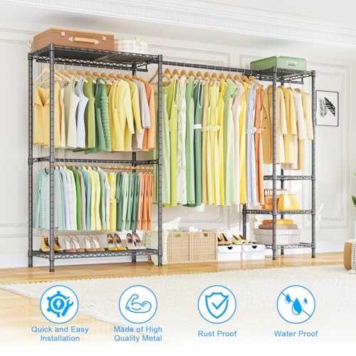 Ulif E10 Clothes Rack（With Stretchable Hanger Rod）Freestanding Clothing Racks for Hanging Clothes，Adjustable Closet Organizer System，Portable Garment Rack 73-97" W x 15" D x 72" H，Max Load 800LBS，Grey - color: Grey