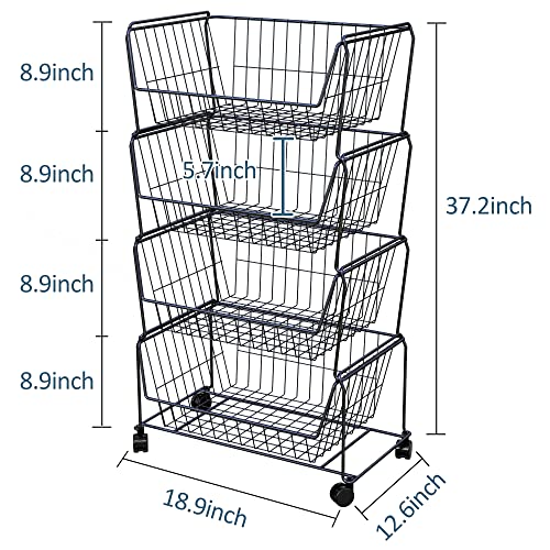 PUSDON 4-Tier Large Stackable Wire Storage Baskets with Wheels, Metal Rolling Utility Cart Organizer, Produce Basket for Kitchen Pantry, Floor Shelf, Matte Black - color: Matte Black, size: 4 Tier Plus