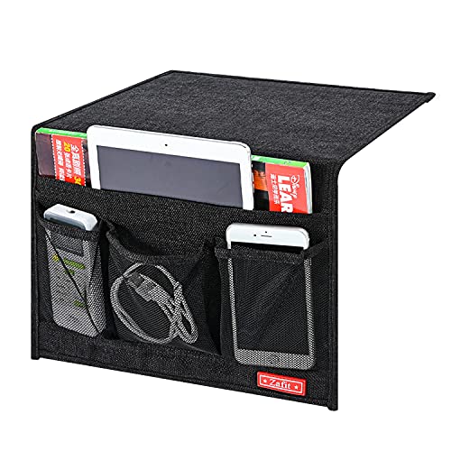 Zafit Linen 4 Pockets Bedside Caddy, Bedside Storage Organizer for Magazine, Remotes, Phone (Classic Black) - color: Black, size: Classic 4 Pockets