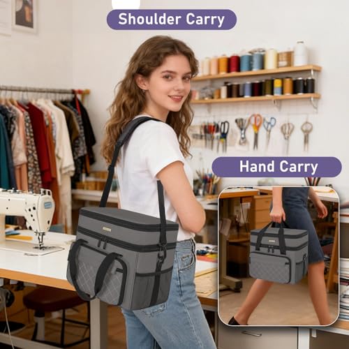 Sewing Storage Bag with Removable Tray Large Capacity Sewing Aaccessories Organizer Travel Sewing Case with Shoulder Strap Double-Layer Sewing Organizer Bag Grey (Bag Only) - color: Grey