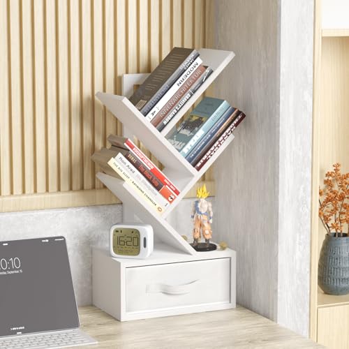 SHEEPAM Small Bookshelf with Drawer,4 Tier Tree Book Shelf,Wood Desk Bookshelves,Modern Free Standing Desktop Display Shelves,White Floor Standing Organizer Bookcase for Living Room,Bedroom,Office - color: Elegant White, size: 4 Tier