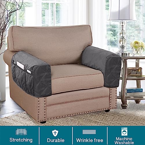 Non-Slip Sofa Armrest Protector,Thick Velvet Armrest Covers for Chairs and Sofas Couch with Side Pocket,Armrest Storage Organizer,Washable Arm Covers for Dogs，Set of 2 (Grey) - color: Grey