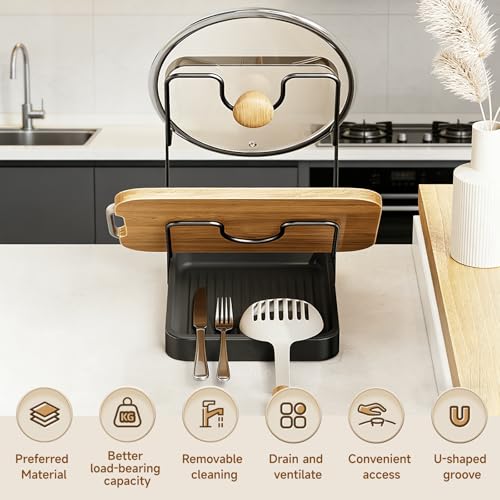 Kitchen Pot Lid Storage Rack, 2-Tier Lids Holder with Detachable Drip Tray While Cooking, Multifunctional Countertop Organizer for Cutting Boards, Ladles and Pan Covers