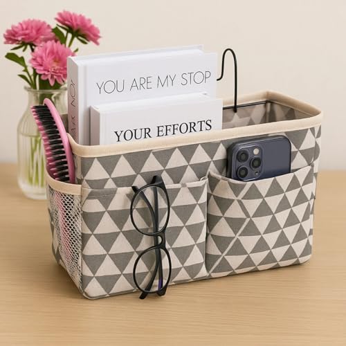 Bedside Caddy Organizer Hanging Storage Basket with Large Pockets & Hooks, Heavy-Duty Canvas Bedside Organizer for Bunk Beds, Dorm Rooms, Hospital Beds & Small Spaces (Gray Triangle Pattern) - color: Gray Triangle Pattern