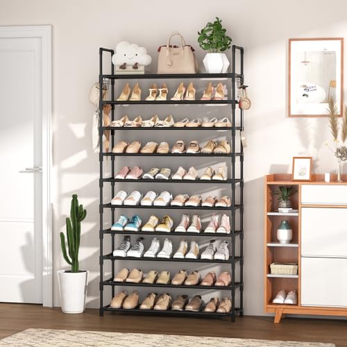 VTRIN 10 Tier Shoe Rack Tall Large Capacity Wide Shoe Organizer with Two Hooks Sturdy Metal Shoe Shelf for Entryway, Closet, Bedroom - color: Black, size: 32.3" Wide - 10 Tier