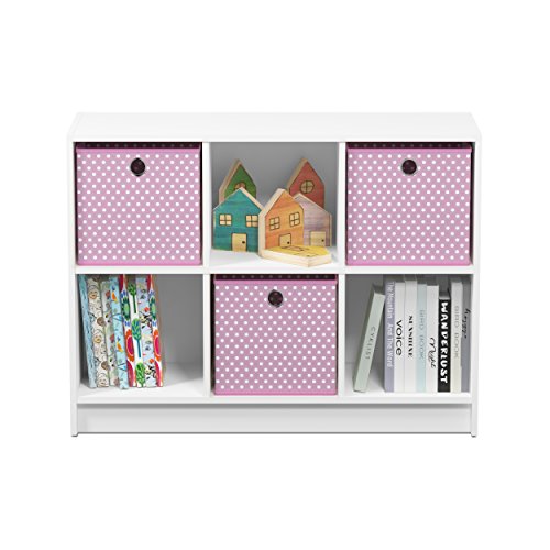 Furinno BASIC Book Shelf, 6-Cube Bookshelf with Open Shelf, 3 x 2 Bookcase with Storage Bins, Closed Back, Horizontal, 11.9 x 31.6 x 23.6, for Living Room, Bedroom, Home Office, White/Pink - color: White/Light Pink, size: 6-Cube with Bin