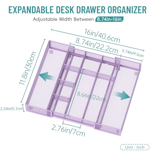 Expandable Desk Drawer Organizer Tray with 10 Adjustable Compartments, Metal Mesh Office Drawer Organizer, Versatile Desk Organizer for Home, School Supplies, Makeup Vanity & Jewelry (Purple) - color: Purple