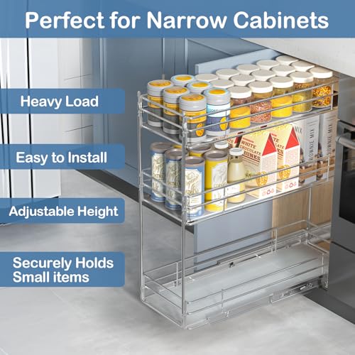 ROOMTEC Pull Out Spice Rack for Narrow Cabinet (6" W X 20½" D),3 Tier Heavy Duty Sliding Spice Cabinet Organization Shelf Racks, Pull Out Shelves Under Cabinet Storage for Kitchen - size: 6" W x 20½" D, 3 Tier, Heavy Duty