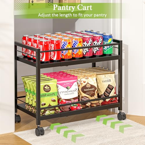 1 Pack 2-Tier Expandable Pantry Floor Organizer Cart, Rolling Pantry Storage Cart with Wheel, Adjustable Can Organizer for Kitchen Pantry, Pantry Shelves and Storage Rack for Snacks, Vegetables, Black