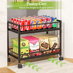 1 Pack 2-Tier Expandable Pantry Floor Organizer Cart, Rolling Pantry Storage Cart with Wheel, Adjustable Can Organizer for Kitchen Pantry, Pantry Shelves and Storage Rack for Snacks, Vegetables, Black
