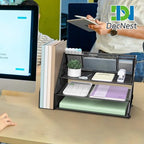 Docnest 3 Tier Metal Mesh Desk Organizer - Letter Tray with Built-in Pen Holder & Handle, Black - color: 3 Tier with File Holder-Black