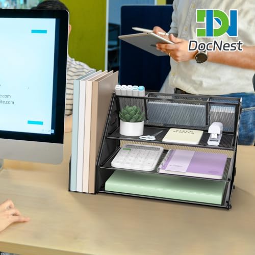 Docnest 3 Tier Metal Mesh Desk Organizer - Letter Tray with Built-in Pen Holder & Handle, Black - color: 3 Tier with File Holder-Black