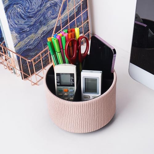 Round Leather Art Supply Organizer,Remote Control Holder,360 Degree Spinning,Multi-Functional Pencil Holder,4 Compartments Desktop Stationary Organizer(1-Wood Pink2) - color: 1-Wood Pink2