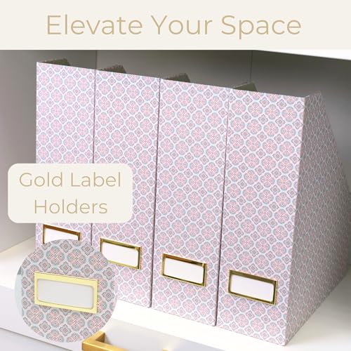 BLU MONACO | Foldable Magazine File Holder Set of 4 | Moroccan Tile Cardboard Organizers | Vertical Desk and Shelf Storage for Home Office Dorm | Decorative File Boxes - color: Moroccan Tile