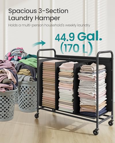SONGMICS 3-Section Laundry Sorter, Laundry Hamper with Wheels, Rolling Clothes Hamper Cart with Large Capacity and Removable Bags, for Laundry Room, Bedroom, Bathroom, Ink Black URLS330B01 - color: Ink Black, size: 170 L