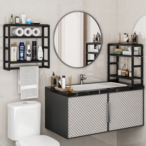 Galood Over The Toilet Storage Bathroom Shelves Wall Mounted 3 Tier Space Saver Corner Shelf Organizer Bamboo Towel Rack Toilet Paper Cabinet with Hanging Rod Black Sets - color: Black 2pack, size: Standard