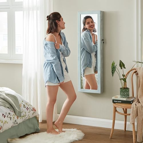 SONGMICS 6 LEDs Mirror Jewelry Cabinet, 47.2-Inch Tall Lockable Wall or Door Mounted Jewelry Armoire Organizer with Mirror, 2 Drawers, 3.9 x 14.6 x 47.2 Inches, Rustic Green UJJC93UJ - color: Rustic Green