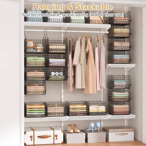6 Tier Closet Hanging Organizer, Clothes Hanging Shelves with 4 Hanging Hooks 5 S Hooks, Wire Storage Basket Bins, for Clothing Sweaters Shoes Handbags Clutches Accessories Patent Design-Black