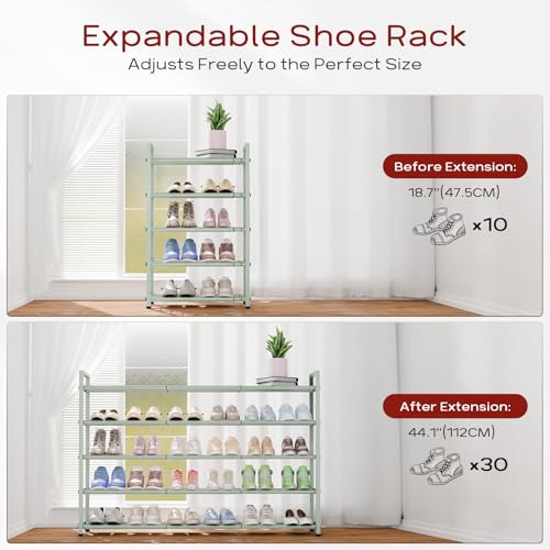 Bumusty 5-Tier Long Expandable Shoe Rack for Closet, 18"-44" Adjustable Shoe Rack for Entryway, 25-30 Pairs Large Shoe Organizer Shelf Storage, Sturdy Metal, Green - color: Green, size: 5-Tier