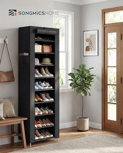 SONGMICS HOME Shoe Rack 10-Tier, Tall Narrow Metal Shoe Organizer with Dust Cover, 11.2 x 19.1 x 63.2 Inches, Vertical Storage Cabinet for Closet Entryway, Black - color: Black, size: 10 Tiers (19.1"W)